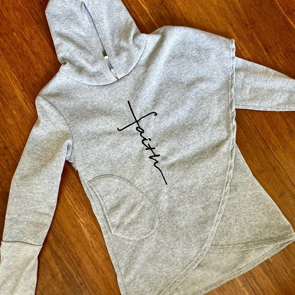 Hoodie Sweatshirt Faith Print Gray Christian Athletic Wear Cozywear Athleisure S - Picture 2 of 9